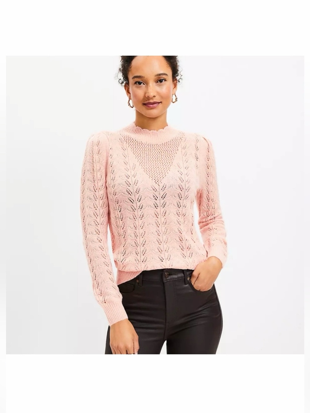 LOFT Blush Pointelle Scallop Mock Neck Sweater